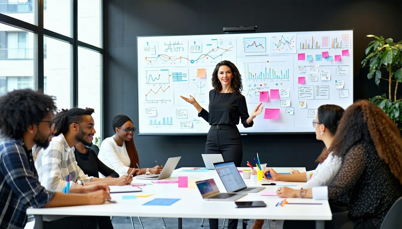 A sleek and modern office environment featuring a diverse group of professionals engaged in a collaborative meeting. In the foreground, a woman is pre